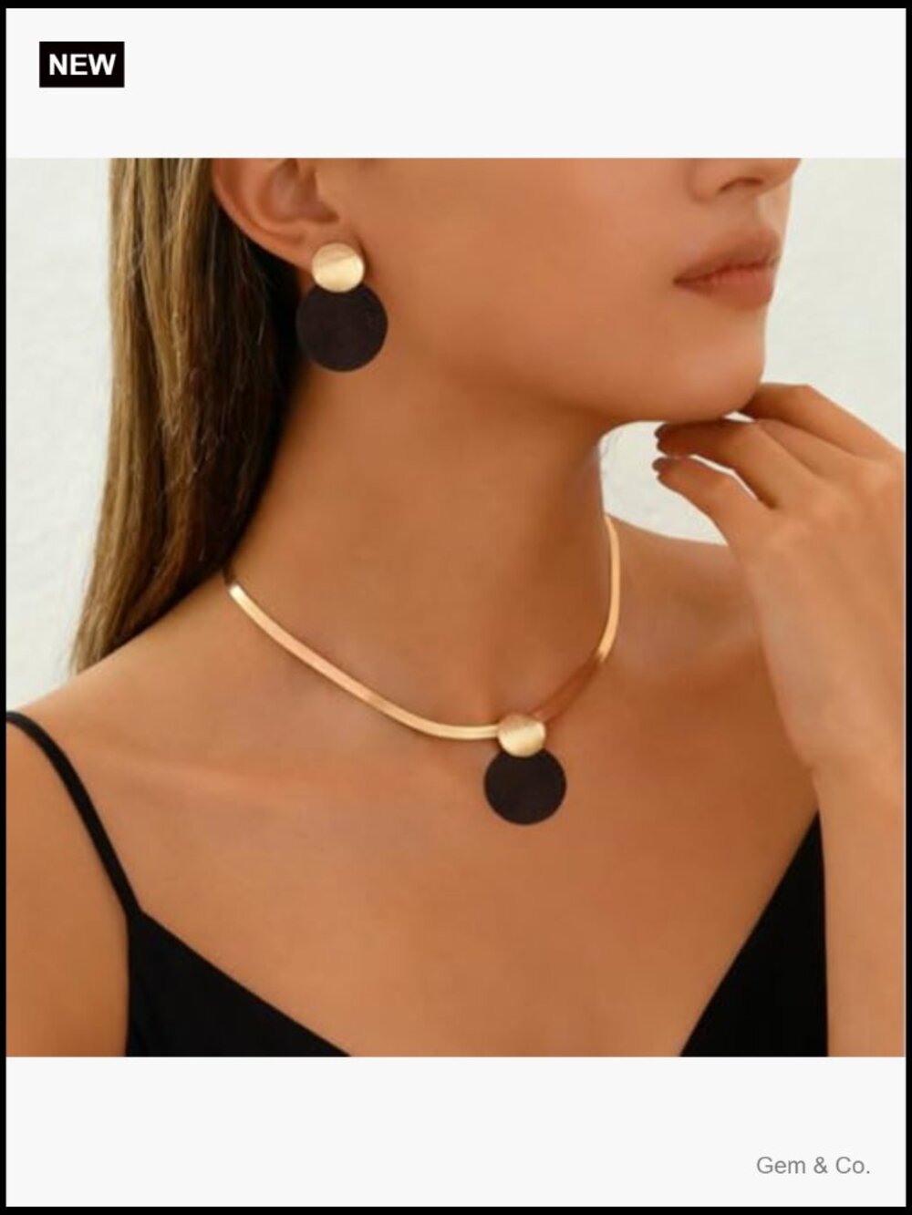 Gold Herringbone Snake Chain Choker Necklace With Black Disc Pendant Earring - Picture 3 of 7